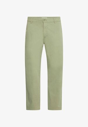 Světlé zelené chinos kalhoty vyrobené z měkkého bavlněného materiálu. Mají zipový klín a zapínání na knoflík, s rovný střih a minimálními detaily.