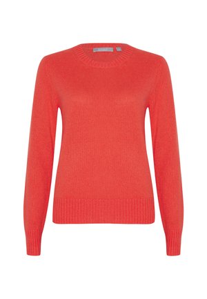 Pull en tricot corail avec des manches longues, col et ourlet côtelés, texture douce et coupe classique. Sans motifs ni détails supplémentaires.