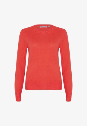 Korallefarbener Strickpullover mit langen Ärmeln, geripptem Halsausschnitt und Saum, weicher Textur und klassischer Passform. Keine Muster oder zusätzliche Verzierungen.