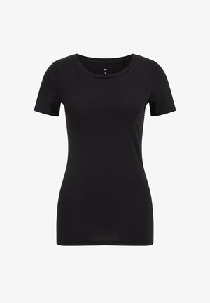 T-shirt nera a maniche corte realizzata in morbido cotone, con scollo rotondo e una forma aderente, caratterizzata da una texture liscia e un design minimale.