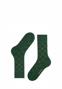Grüne Baumwollsocken mit einem Diamantmuster und roten Blumen sowie gelben Akzenten. Das Design umfasst gerippte Bündchen und eine glatte Textur.
