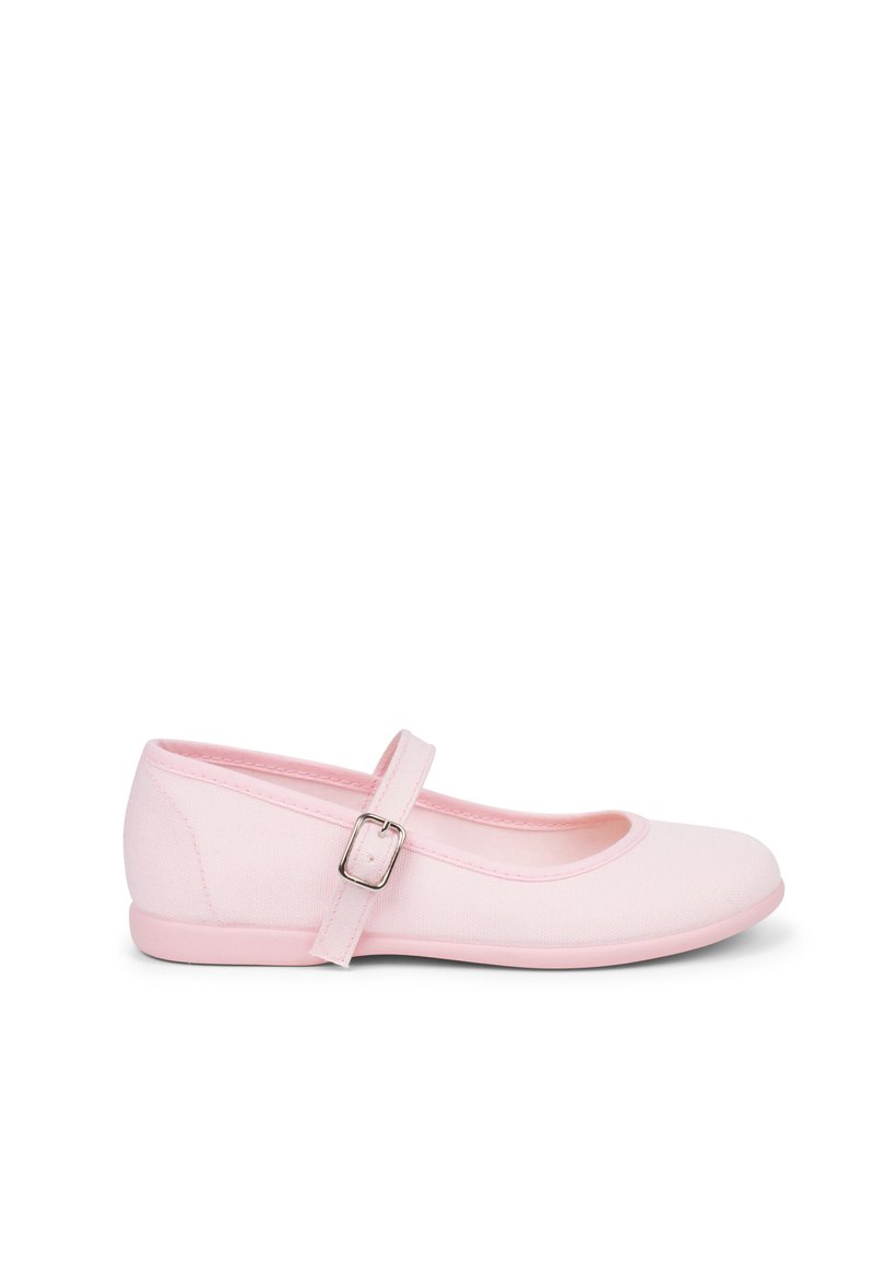 Bailarinas de lona rosas con puntera redondeada, correa estilo Mary Jane y un acento de hebilla. Suela de goma flexible. Textura suave en todo.