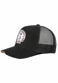 Czarna czapka trucker z solidnym przodem, siatkowym tyłem i okrągł�ą haftowaną naszywką z napisem "Leniwa Niedziela" oraz grafiką kawy.