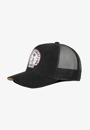 Czarna czapka trucker z solidnym przodem, siatkowym tyłem i okrągłą haftowaną naszywką z napisem "Leniwa Niedziela" oraz grafiką kawy.