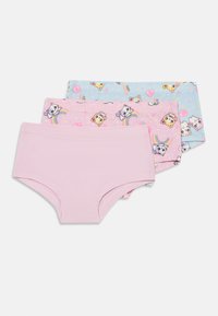 Tre paia di mutandine per ragazze: un paio di colore rosa uniforme, due paia con motivi blu e rosa che presentano animali dei cartoni animati, arcobaleni e dettagli colorati.