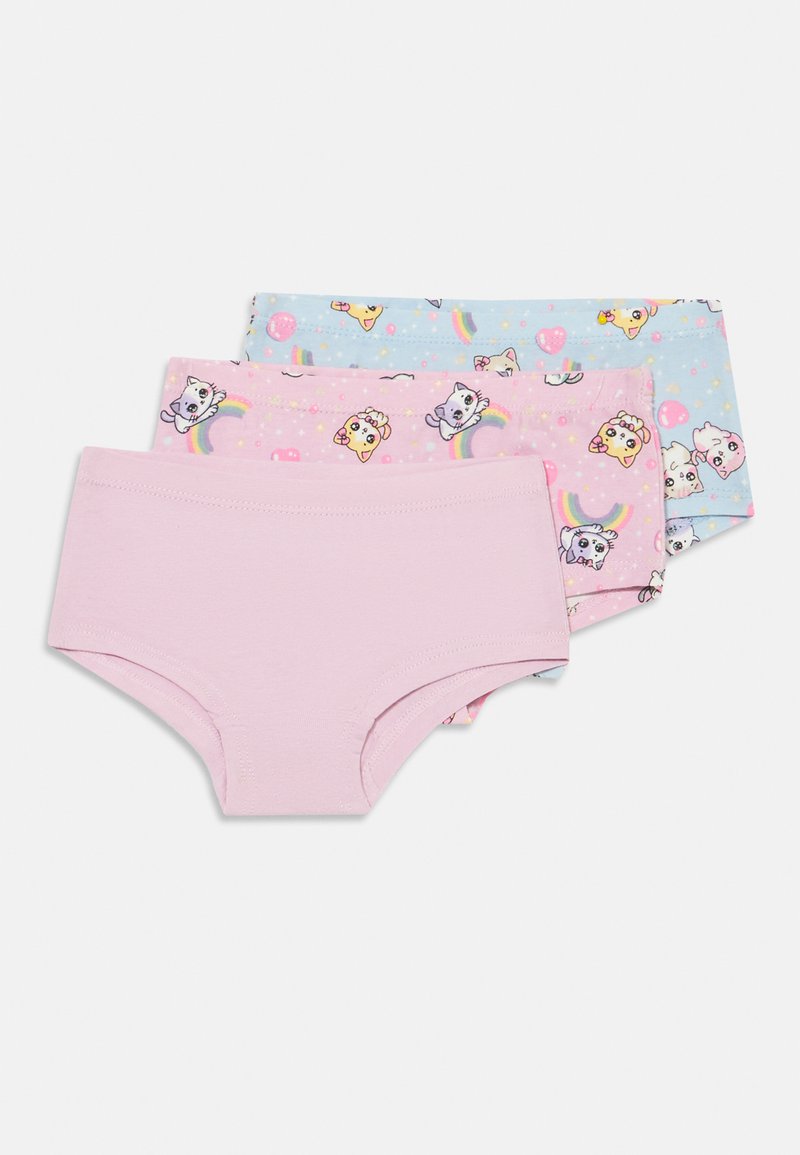 Tre paia di mutandine per ragazze: un paio di colore rosa uniforme, due paia con motivi blu e rosa che presentano animali dei cartoni animati, arcobaleni e dettagli colorati.