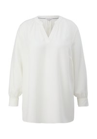Witte blouse met lange mouwen en V-hals, met geplooide details bij de halslijn en de manchetten, gemaakt van een gladde, lichte stof.