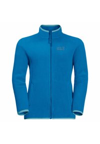 Blå fleecetröja med hög krage, hel dragkedja och två framfickor. Har kontrasterande ljusblå foder och logotyp på vänster bröst.