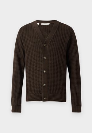Cardigan lavorato a maglia marrone con scollo a V, caratterizzato da un motivo testurizzato, sette bottoni sul davanti e polsini e orlo a costine.
