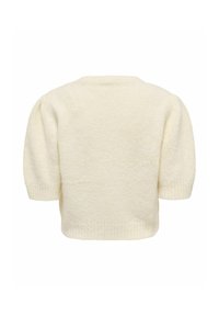 Pull en maille couleur crème avec manches courtes bouffantes et poignets et ourlet côtelés, montré de dos sur un fond blanc.