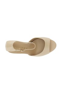 Nude leather high-heeled sandal with an open toe, wide strap across the front, slingback design, and gold hardware detail.