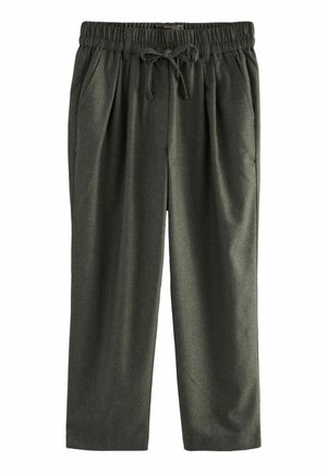 Pantaloni in tessuto leggero di colore verde scuro con cintura regolabile, tasche laterali e vestibilità morbida, caratterizzati da una sottile texture.