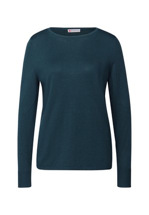 Türkiser Pullover mit langen Ärmeln aus weichem Strickstoff. Hat einen Rundhalsausschnitt und gerippte Bündchen. Keine Muster oder Verzierungen.