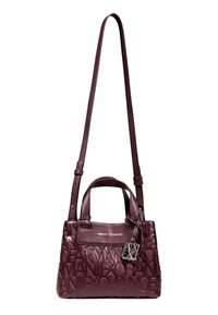Sac à main en cuir bordeaux avec un motif de logo embossé, deux poignées supérieures et une bandoulière détachable. Présente un accent logo en argent. Design compact.
