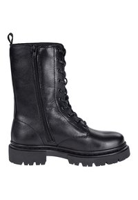 Stivaletto in pelle nera con punta tonda, chiusura con lacci frontale, zip laterale e suola in gomma spessa per aderenza e durata.