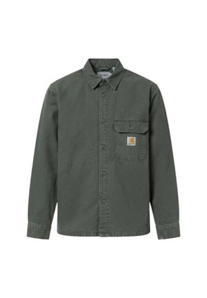 Camicia verde scuro a maniche lunghe con bottoni e taschino sul petto a sinistra con una piccola patch con logo Carhartt.