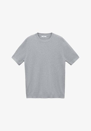 Maglione grigio a maniche corte con collo rotondo realizzato in tessuto a maglia testurizzata. Presenta un orlo dritto e un design minimale senza motivi o accenti.