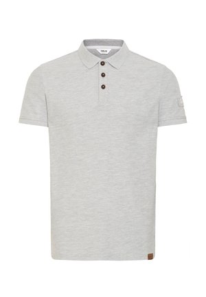Grey polo shirt made from cotton. Features a soft texture, collar, and three dark brown buttons. Includes a small logo patch on the sleeve.