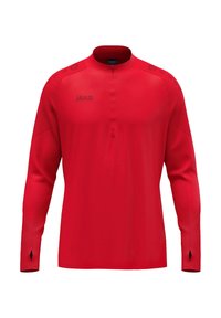 Rode lange mouw sportshirt met een hoge kraag, voorzien van een kwartrits en mesh accenten op de schouders. Merkenlogo op de voorkant.
