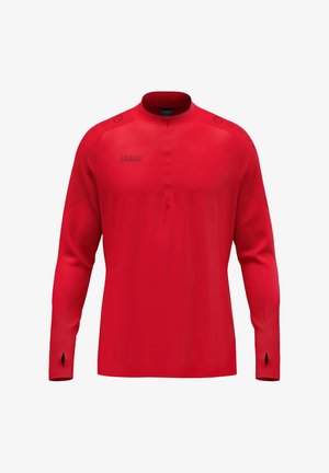 Czerwona długa koszulka sportowa z wysokim kołnierzem, wyposażona w suwak na ćwiartkę oraz siateczkowe akcenty na ramionach. Logo marki z przodu.