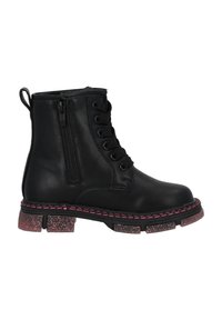 Stivaletto in pelle nera con lacci sulla parte frontale, zip laterale e suola glitterata rosa. Presenta cuciture a contrasto per un tocco di dettaglio in più.