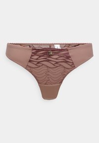 Brown thong with a smooth solid front and a sheer patterned panel. Features a wave design and a small metallic logo accent.