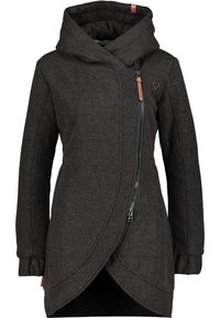 Ciemnoszary płaszcz z mieszanki wełny z dużym kapturem, asymetrycznym dołem, zapięciem na zamek oraz skórzanymi akcentami. Posiada gładką teksturę i dopasowane mankiety.