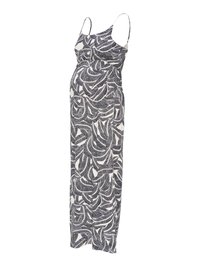 Robe maxi de maternité sans manches avec motif feuilles noir et blanc, buste ajusté, taille empire et fines bretelles.