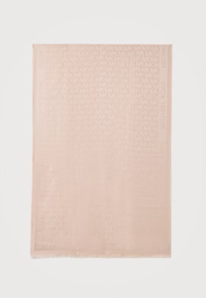 Svetloružový obdĺžnikový šál s jemným opakujúcim sa vzorom "MK" a textom "Michael Kors" pozdĺž okraja.