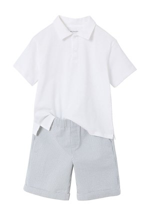 White short-sleeve polo shirt paired with blue and white thin striped shorts, designed for casual wear.