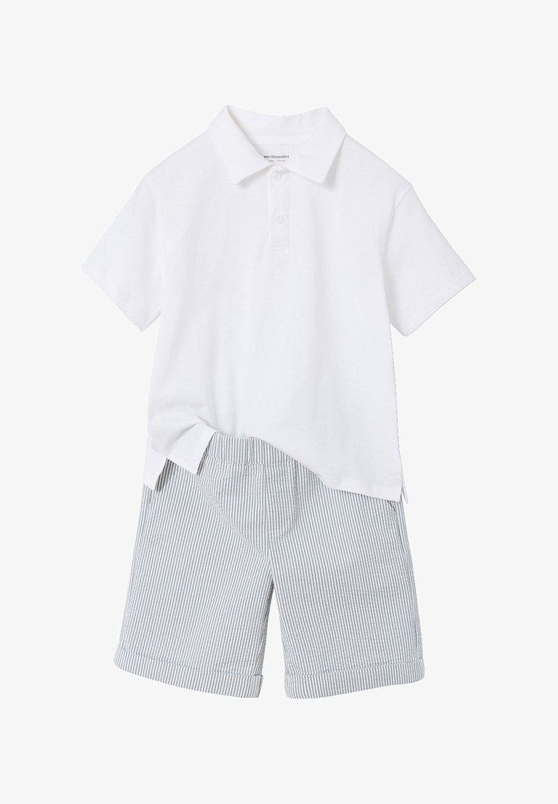 White short-sleeve polo shirt paired with blue and white thin striped shorts, designed for casual wear.