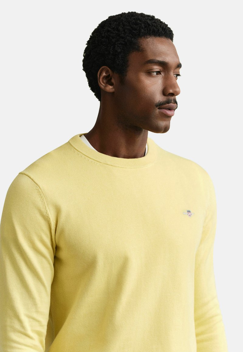 Mann mit kurzem lockigem Haar und Schnurrbart, der einen blassgelben Pullover mit Rundhalsausschnitt und einem kleinen gestickten Logo auf der Brust trägt.