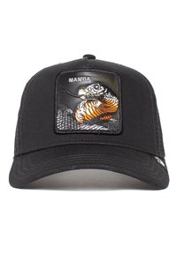Gorra negra de tela con un parche rectangular que presenta un diseño de serpiente bordado en gris, naranja y plata. Texto "MAMBA" encima de la imagen.