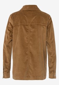 Veste-chemise marron en velours côtelé avec col, poignets boutonnés et texture côtelée. Comprend un empiècement arrière et des fentes latérales à l'ourlet.