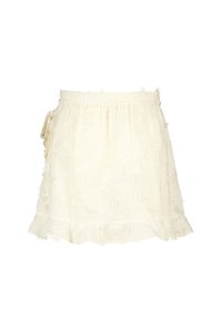 Ivoorkleurige rok met een smocktaille, een gerimpelde zoom en structuur met verhoogde patronen. Het heeft een zijstrikdetail voor een verstelbare pasvorm.