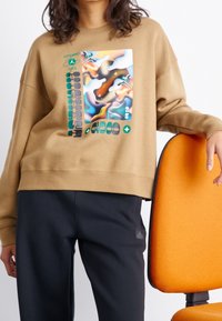 Felpa marrone con una grafica dai colori vivaci. Presenta una vestibilità ampia, polsini a costine e una texture morbida. Indossata con pantaloni scuri e una sedia arancione.