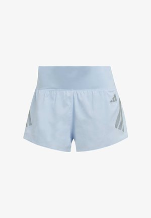 Shorts de sport bleu clair avec une large ceinture élastique et des accents gris réfléchissants sur les côtés. Tissu doux et lisse avec une coupe ajustée.
