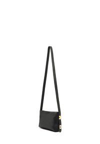 Black leather crossbody bag with a smooth texture, rectangular shape, and minimalistic design. Features gold-tone hardware accents.