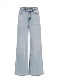 Jeans a gamba larga di colore azzurro chiaro realizzati in denim. Design a vita alta con chiusura a bottone, dotati di una sottile texture lavata e cinque tasche.