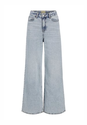 Svetlomodré široké džínsy vyrobené z denimu. Vysoký pás s gombíkovým zapínaním, s jemne praným povrchom a piatimi vreckami.