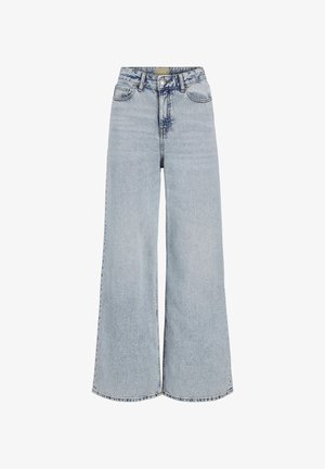 Svetlomodré široké džínsy vyrobené z denimu. Vysoký pás s gombíkovým zapínaním, s jemne praným povrchom a piatimi vreckami.
