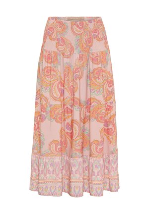 Lang pink nederdel med paisley-mønster i orange, grønne og lilla nuancer. Elastisk talje og udvidet, voluminøs kant.