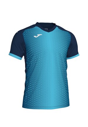 Kurzärmeliges Sportshirt mit blauem Farbverlauf und sechseckigem Muster, marineblaue Ärmel und weißes Logo auf der Brust.