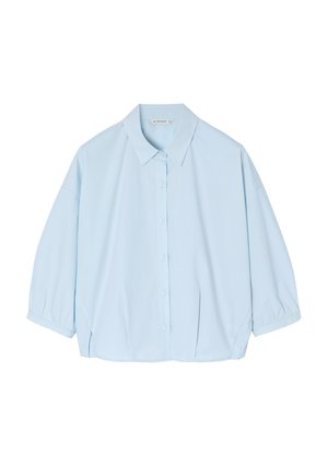 Light blue, short-sleeve button-up shirt with a classic collar, made of smooth fabric; features a relaxed fit and side slits at the hem.