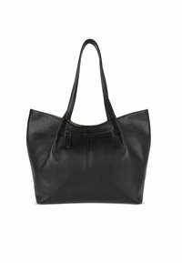 Zwarte leren totebag met een gestructureerde afwerking, voorzien van twee lange hengsels en een ritsvak aan de voorkant, met triangulaire ontwerpaccenten.