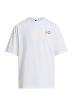 Hvid T-shirt med korte ærmer med lille orange sol og "The North Face" logo på venstre bryst.