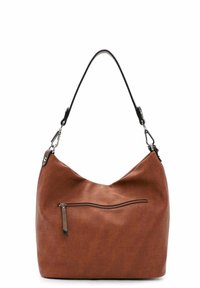 Sac à épaule synthétique marron au design incurvé, doté d'une poignée noire et d'une poche zippée à l'avant pour plus de fonctionnalité.
