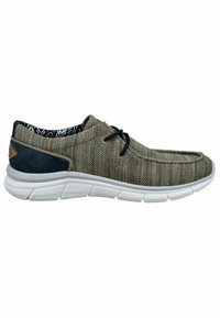 Leichte beige Mesh-Sneaker mit dunkelblauen Wildlederakzenten, weißer Gummisohle und schwarzen Schnürsenkeln, die ein strukturiertes Stoffdesign präsentieren.