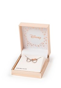 Collana in argento sterling con teste di topo Mickey e un fiocco arancione, presentata in una scatola color pesca con il logo Disney e un motivo decorativo.