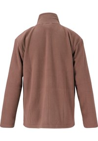 Ruskea fleece-takki, jossa on korkea kaulus, pitkät hihat ja sileä pinta. Ominaisuuksiin kuuluu yksinkertainen muotoilu ilman lisätietoja tai kuvioita.